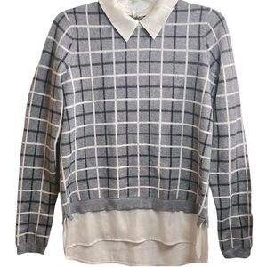 🦋TAHARI Sweater Blouse with Collar Gray & Cream Preppy Size Small  NWOT